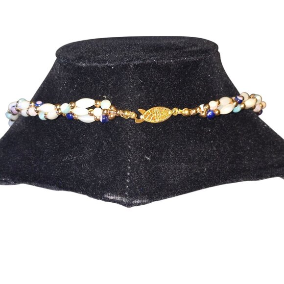 Vintage Triple Strand Faux Mother of Pearl Gold Bead Necklace - Picture 5 of 7